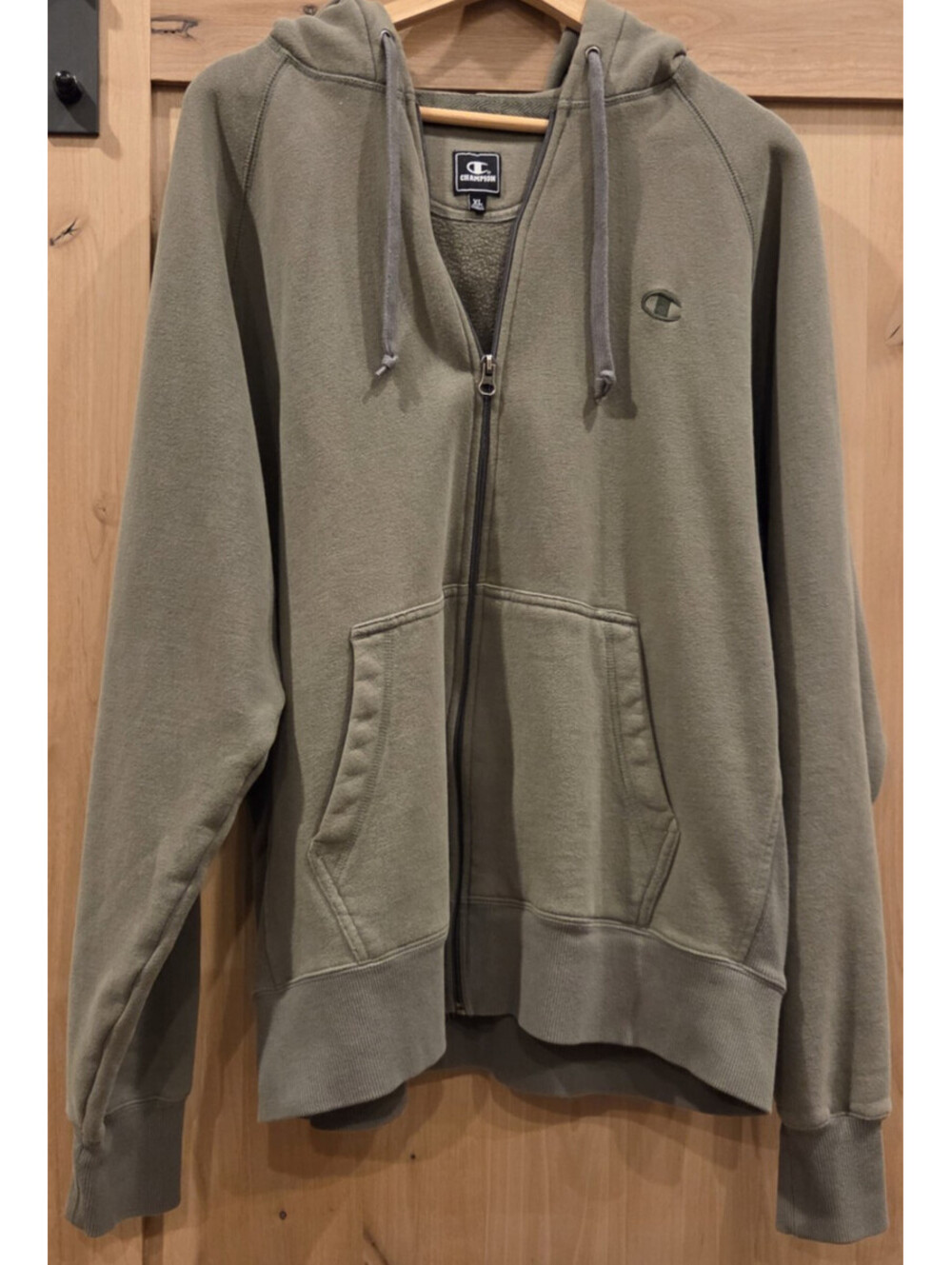 Champion Mens XL Full Zip Hoodie Sweatshirt Olive Green Spellout Logo Casual